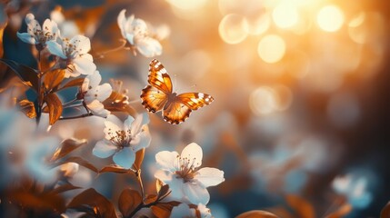 Close-up of vibrant spring blossoms with butterflies, soft light, peaceful and inviting, highly detailed, calm and natural, warm and vibrant, tranquil and beautiful atmosphere