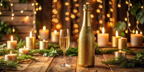 Luxurious golden champagne bottle floating on a wooden table