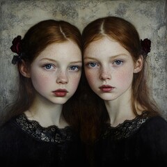 Naklejka premium Twin Sisters Portrait: A Captivating Redhead Duo