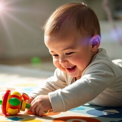 Close-up of a six-month-old baby, smiling and reaching for a rattle on a colorful playmat. Bright lens flares create a dynamic atmosphere. Clean background
