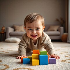 Natural earth tones, creative light art. A one-year-old child with curious eyes and a joyful smile crawls on a beige rug towards colorful blocks in a minimalist living room.
