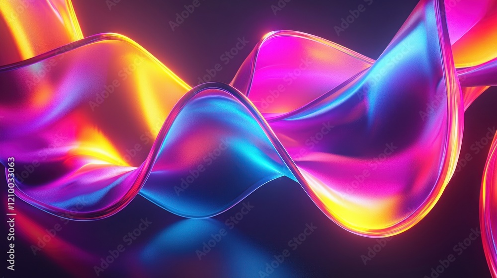 Poster a mesmerizing abstract background with glowing, fluid-like ribbons in neon colors, flowing seamlessl