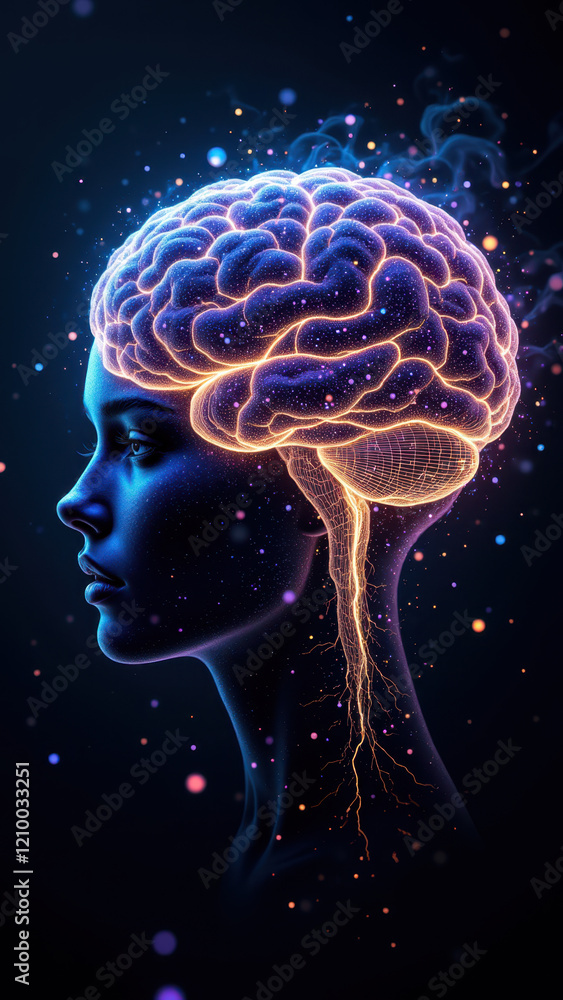 Poster a 3d rendering of a humanoid head with an intricately detailed brain set against a cosmic background