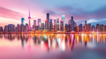 Obraz premium Dazzling Cityscape Reflecting on the Rippling Waters at Sunset