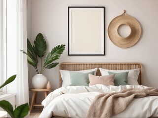 Interior design of room with blank poster frame, Buttercream desk, cozy bed, vase with leaves