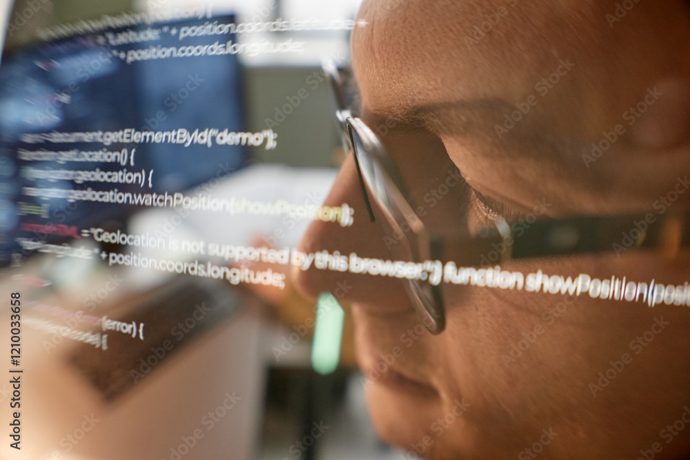 Aufkleber extreme close up shot in warm tones of male programmer wearing glasses reading computer screen with 