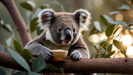 Fototapeta premium A koala sitting on a branch, enjoying a small bowl of food in a natural setting.