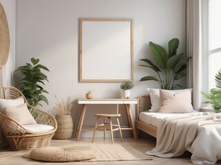 Interior design of room with blank poster frame, Buttercream desk, cozy bed, vase with leaves