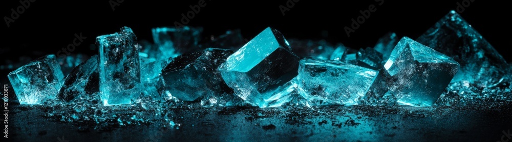 Poster sparkling blue crystal among shining particles creates a mesmerizing display of light and color in a