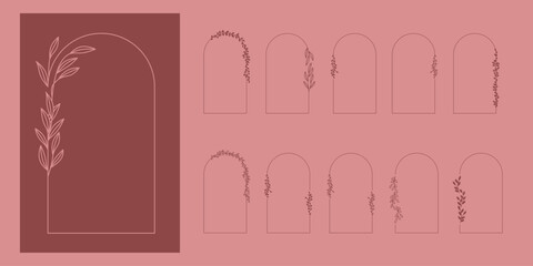 Zestaw dekoracyjnych ramek w minimalistycznym stylu z delikatnymi listkami. Proste botaniczne dekoracje do wykorzystania w projektach. © Monika