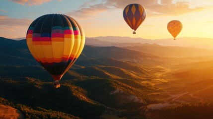 Naklejka premium Stunning Aerial Sunset Scenery with Hot Air Balloons Floating over Rugged Mountain Landscape