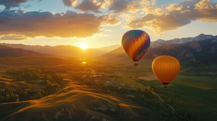 Fototapeta premium Serene Landscape with Hot Air Balloons Floating over Majestic Mountains at Sunset