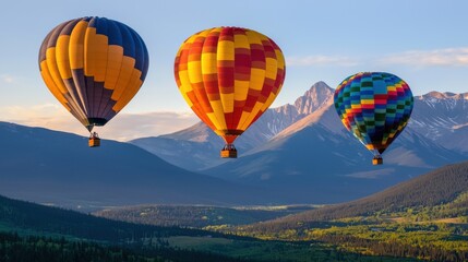 Obraz premium Colorful Hot Air Balloons Soaring Over Scenic Mountain Landscape at Sunrise or Sunset