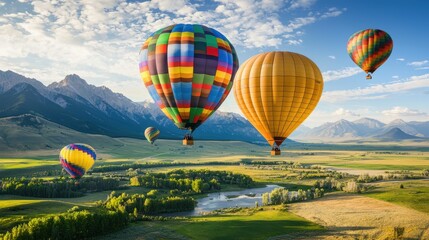 Fototapeta premium Vibrant Hot Air Balloons Soaring Over Stunning Mountain Landscape in Scenic Countryside