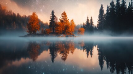 Fototapeta premium Serene Autumnal Landscape with Misty Lake and Vibrant Foliage Reflecting in the Calm Waters