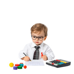 Young Child in Business Attire with Calculator and Toys