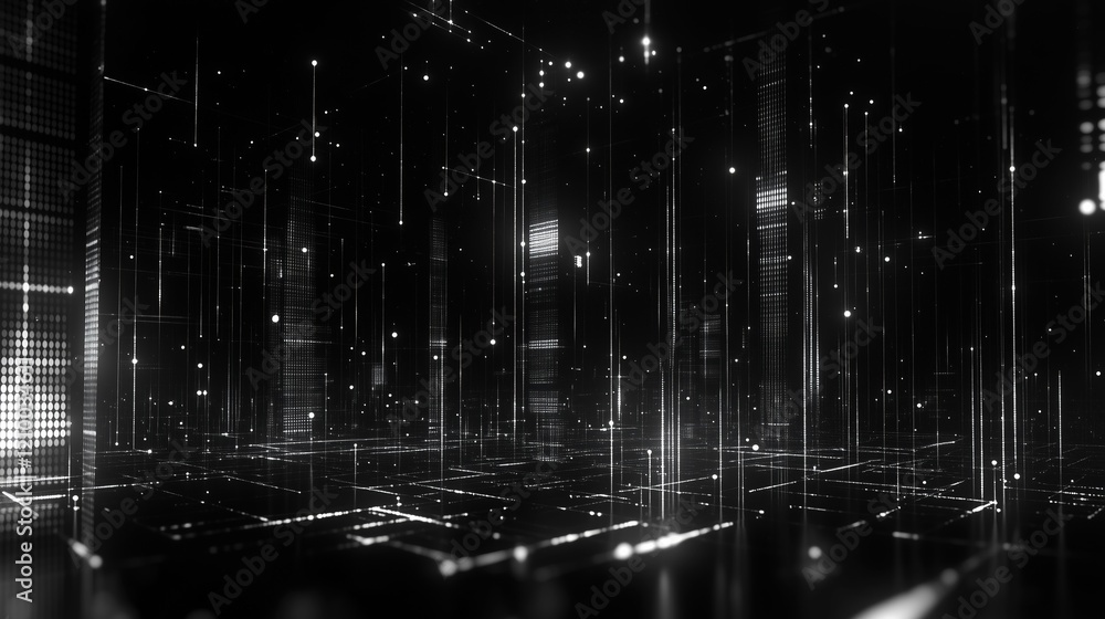 Poster a futuristic digital landscape with glowing lines and patterns in a dark setting.