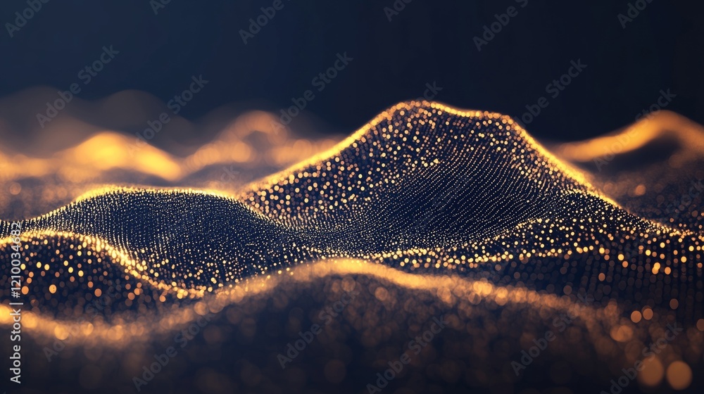 Poster a mesmerizing abstract representation of golden waves with shimmering particles against a dark backg