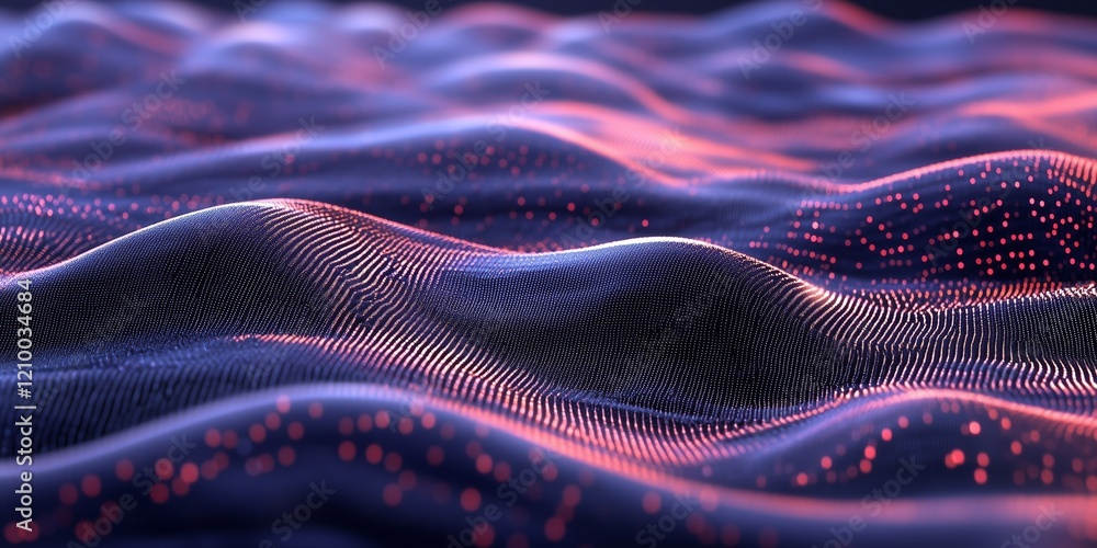 Poster a visually striking abstract representation of digital waves with dots in vibrant colors.