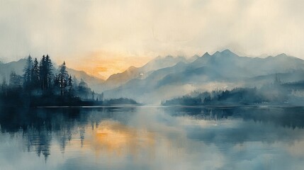 Fototapeta premium Serene Sunset Over Misty Mountain Lake