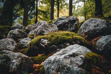 Moss-Covered Rocks in Tranquil Forest Setting