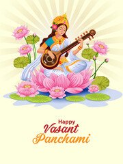 vector illustration of Goddess Saraswati for Vasant Panchami Puja of India