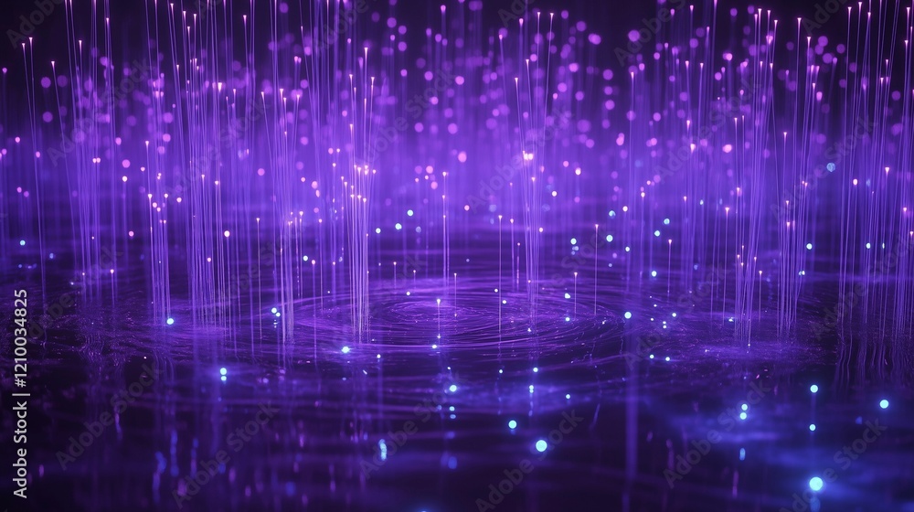 Poster a mesmerizing display of purple water drops creating ripples and reflections in a dark background.