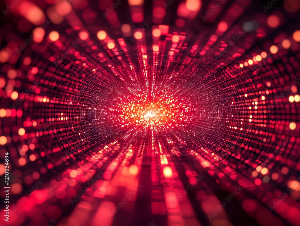 Poster a vibrant abstract representation of a red light tunnel filled with glowing particles and depth.