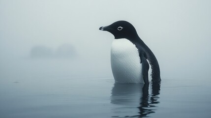 Obraz premium Antarctic penguin swimming foggy ocean