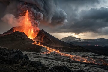 Volcanic lava flow, glowing molten rock
