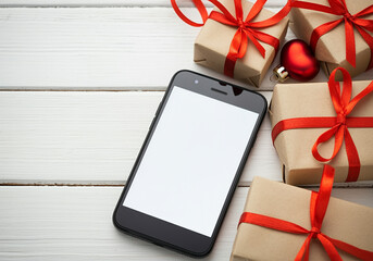 mobile phone with gift box on red background, Small and large red hearts with smiles. It can be assumed that they are a couple and the smaller heart belongs to a child. Handmade figurines.