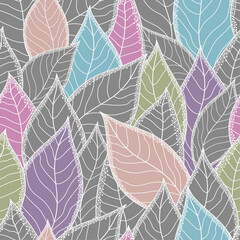 Seamless pattern with hand drawn colorful pastel stylized leaves. Floral organic background. For textile, wallpaper and packaging.