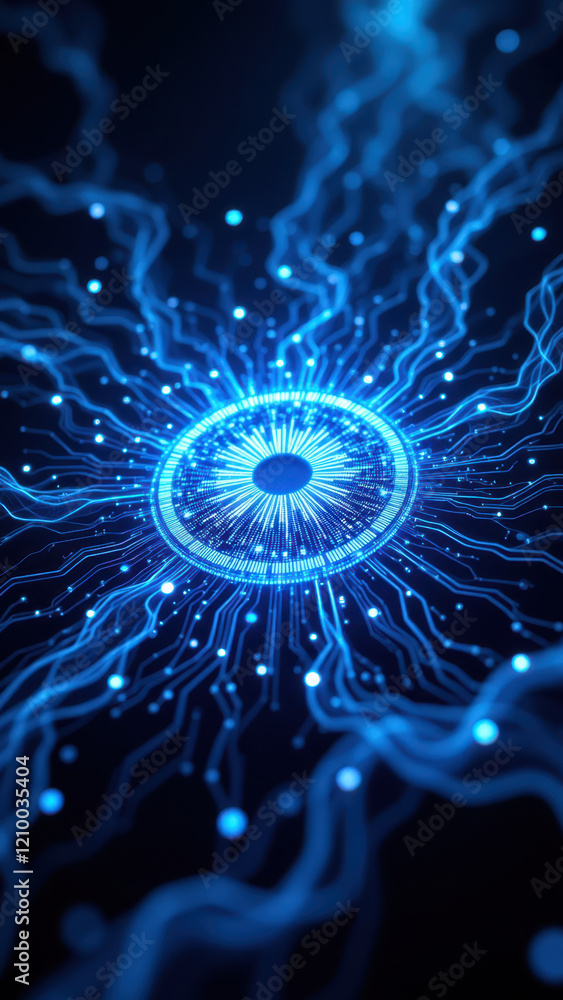 Poster futuristic ai neural network with glowing blue lines and central eye element.