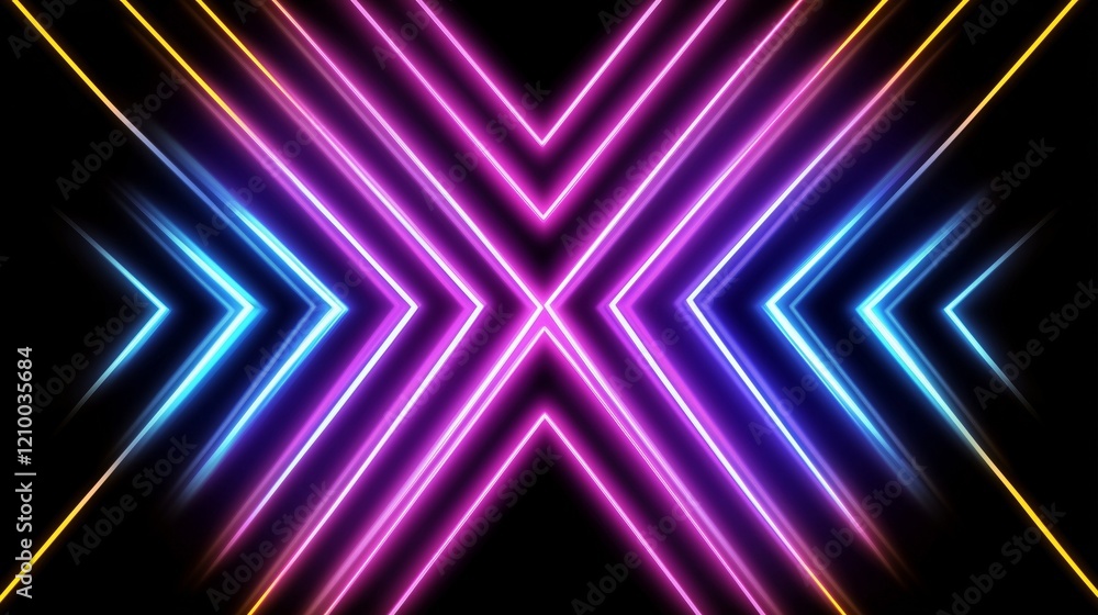 Poster colorful neon light patterns creating an abstract design on a black background.