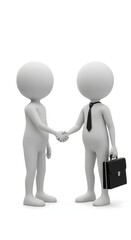 Formal handshake between two 3d characters, one holding a black briefcase, representing agreement, teamwork and successful business collaboration in a corporate deal in white background