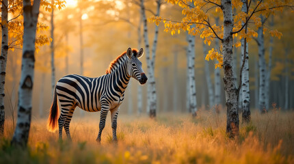 zebra in a birch grove
