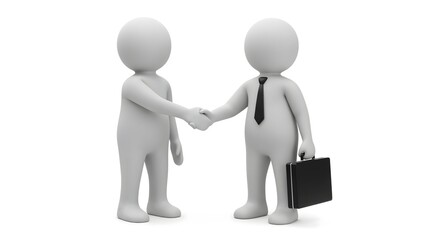Two 3d characters shaking hands, symbolizing business partnership - one holding a black briefcase, representing collaboration, teamwork and professional agreement in a corporate in white background
