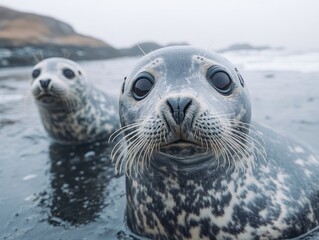 Fototapeta premium Two harbor seals on a beach in the water looking at the camera with cloudy sky background