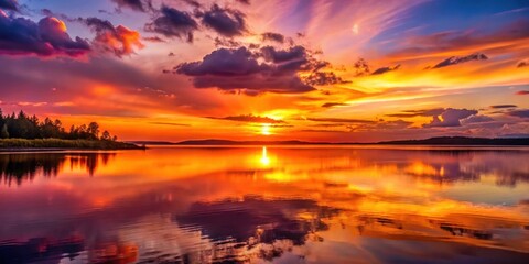 Obraz premium A Serene Sunset Over a Calm Lake, with Vibrant Colors Reflected in the Still Waters, Creating a Breathtaking Panorama