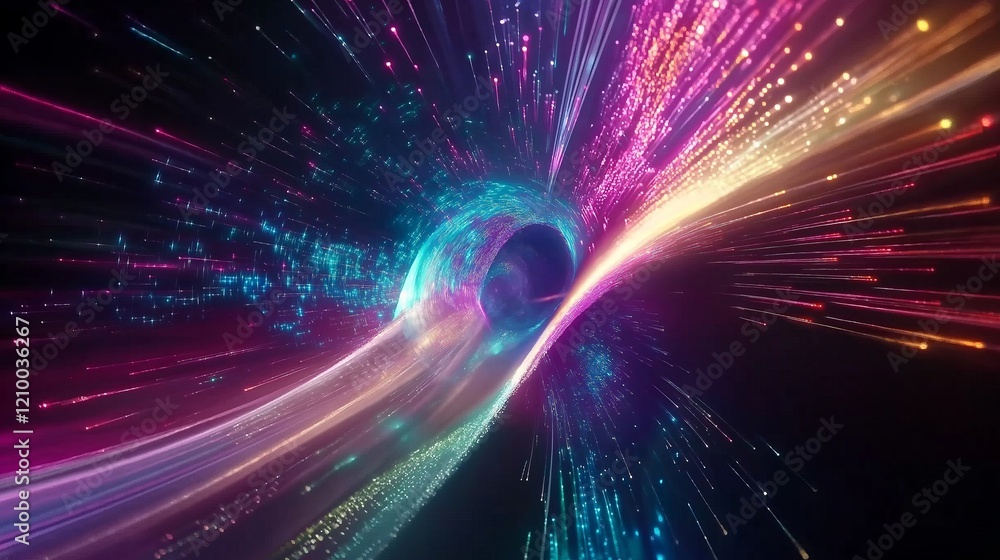 Poster a curvature of time and space vibrant and dynamic light tunnel with colorful streaks and glowing par