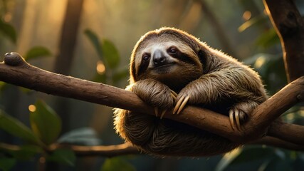 Obraz premium A sloth resting on a branch in a serene forest setting.