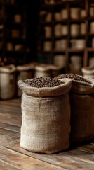 Burlap sacks filled with coffee beans in a rustic storage area