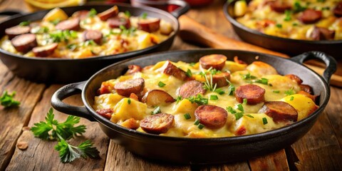A savory potato and sausage bake, featuring a creamy cheese sauce and fresh herbs, served in individual cast iron skillets on a rustic wooden table.