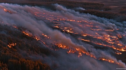 Naklejka premium Aerial view of a forest fire engulfing trees and creating thick smoke