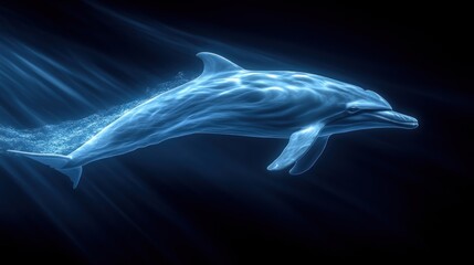 Luminous dolphin swims ocean depths, sunbeams background, marine life poster