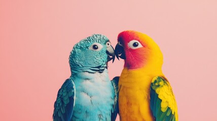 Two colorful parrots perched closely on pastel background