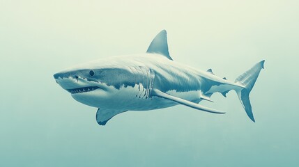 Fototapeta premium Great white shark swimming ocean depths, blurred background, wildlife documentary