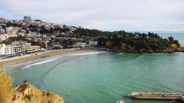 Aerial view of of Ulcinj town from old wall, the southernmost city at Montenegrin coast, Europe