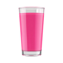 A tall glass of bright pink strawberry smoothie, isolated on white.