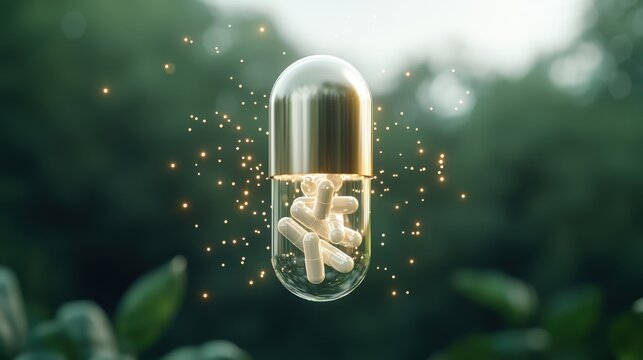 Assorted Capsules and Pills for Healthcare. Digital capsule with sparkling contents over a blurred green background.